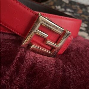 Fendi reversible Red Designer Belt with Gold Buckle